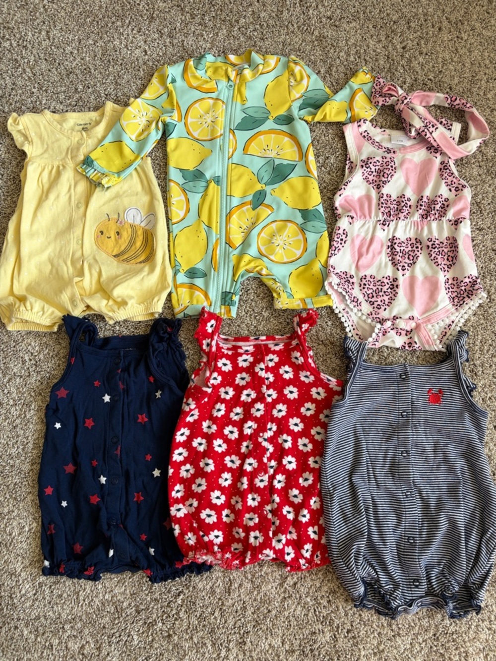 Summer 6 months Rompers and Rashguard Baby Girl Bundle (7 pieces)